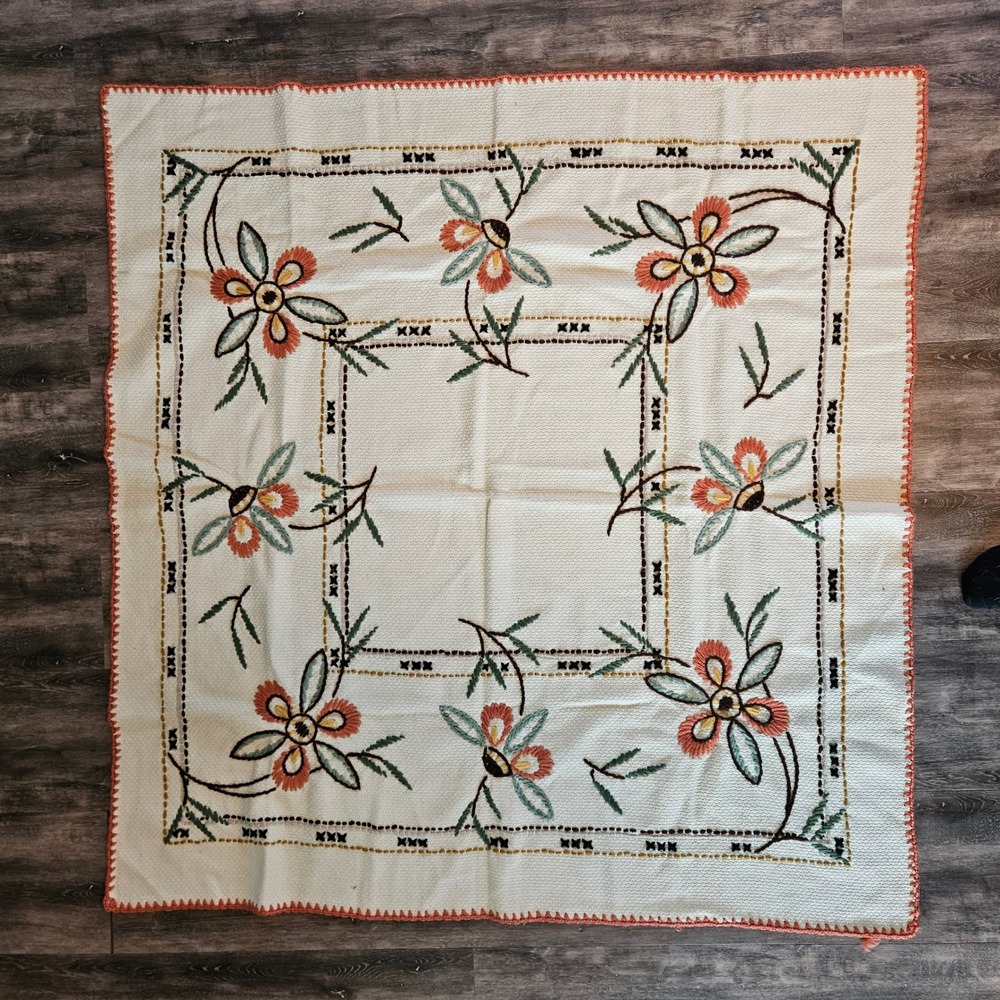Vintage Embroidered Blanket Tablecloth Floral Cream Orange 70s Floral Crewl